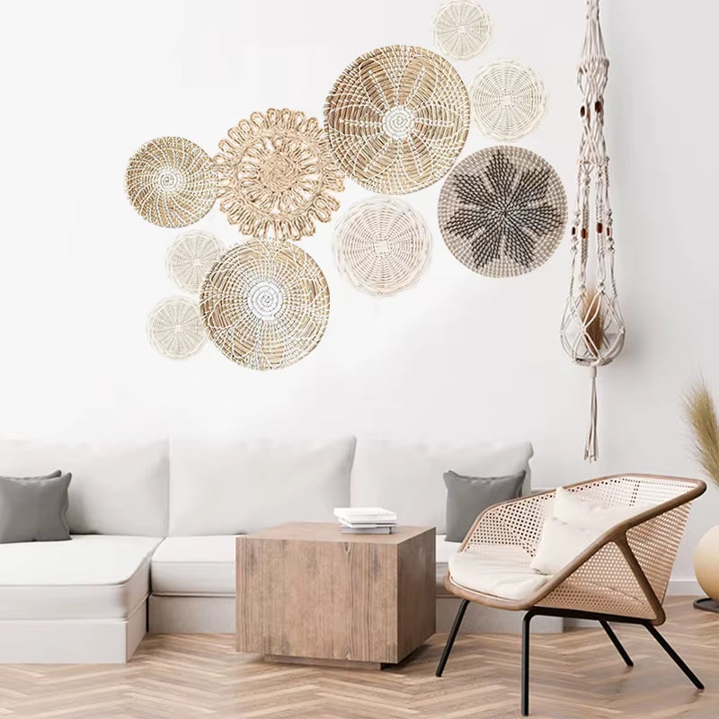 10 Set Boho Home Decoration Straw Rattan Wall Decor Luxury Bohemian Wall Decoration Hanging Wall Basket Plate Rustic Farmhouse