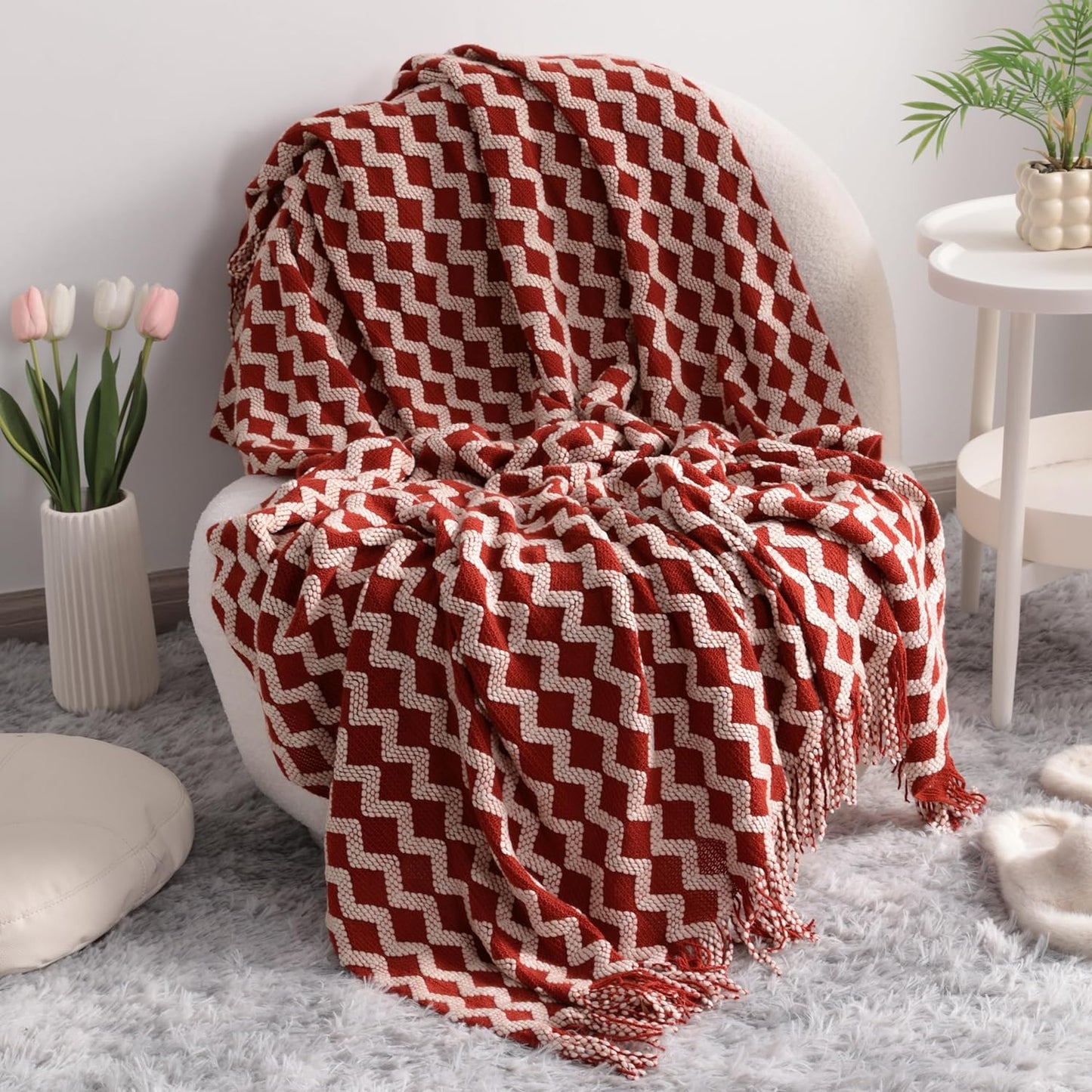 Acrylic Knitted Throw Blanket, Lightweight and Soft Cozy Decorative Woven Blanket with Tassels for Travel, Couch, Bed, Sofa, 51X67 Inches, Taupe Checkered