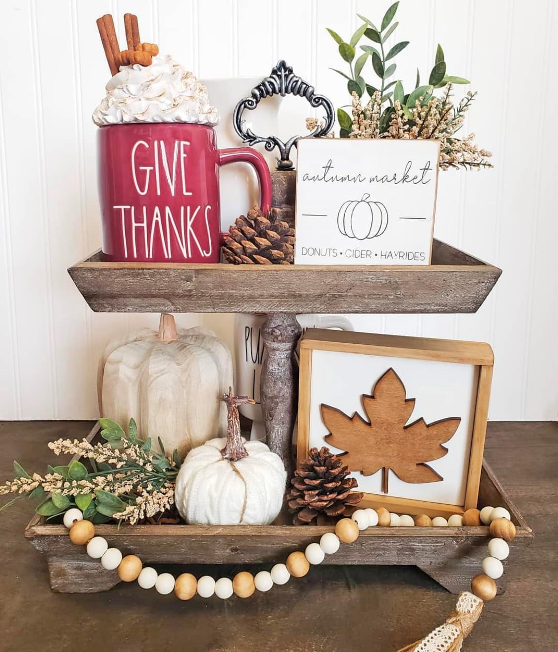 Rustic Wood Two Tiered Tray Rectangle 2 Tier Serving Tray for Coffee Bar, Kitchen Counter, Dining Room Table, Cupcake Stand, Holiday and Farmhouse Decor (Rustic Brown)