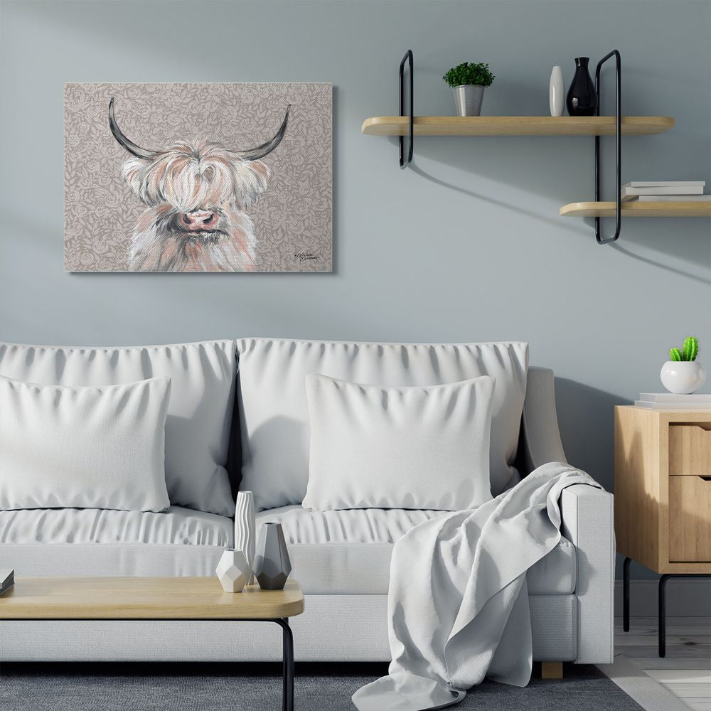Grumpy White Buffalo on Floral Print Farm Animal Canvas Wall Art Design by Michele Norman, 30" X 40"