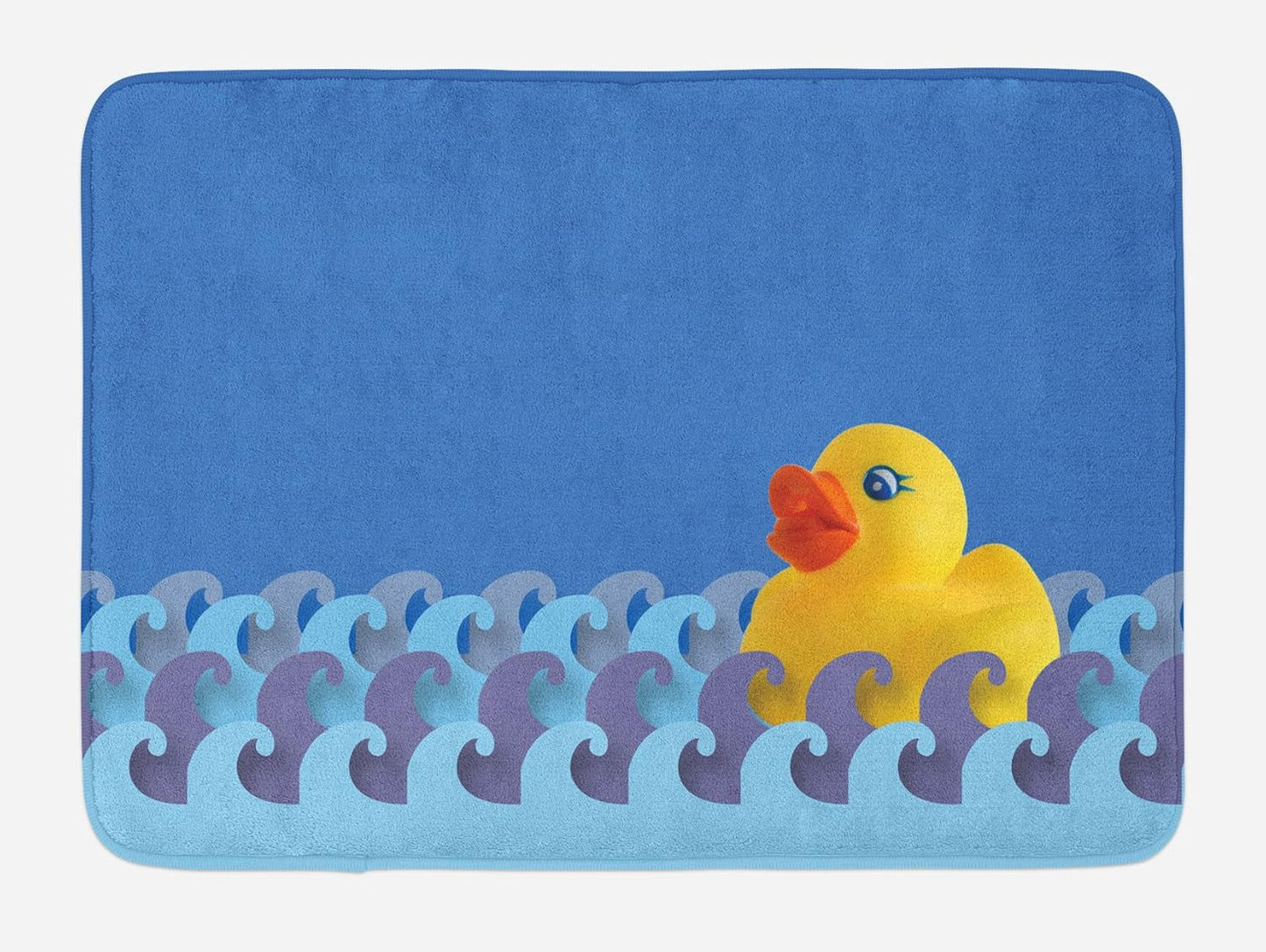 Rubber Duck Bath Mat, Rubber Duck Floating on Paper Seem Water Waves Bathroom Time Care Image, Plush Bathroom Decor Mat with Non Slip Backing, 30.2" X 20", Multicolor