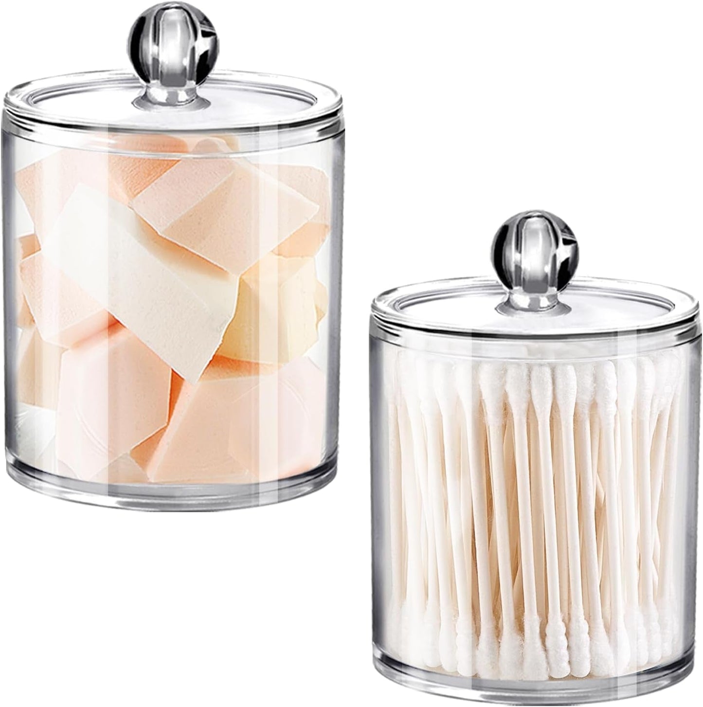 Bathroom Vanity Storage Organizer Canister Holder Apothecary Jars Set for Qtips,Cotton Balls,Swabs,Rounds,Makeup Sponges,Bath Salts,Premium Plastic Acrylic, Clear | 12Oz.And 15Oz.