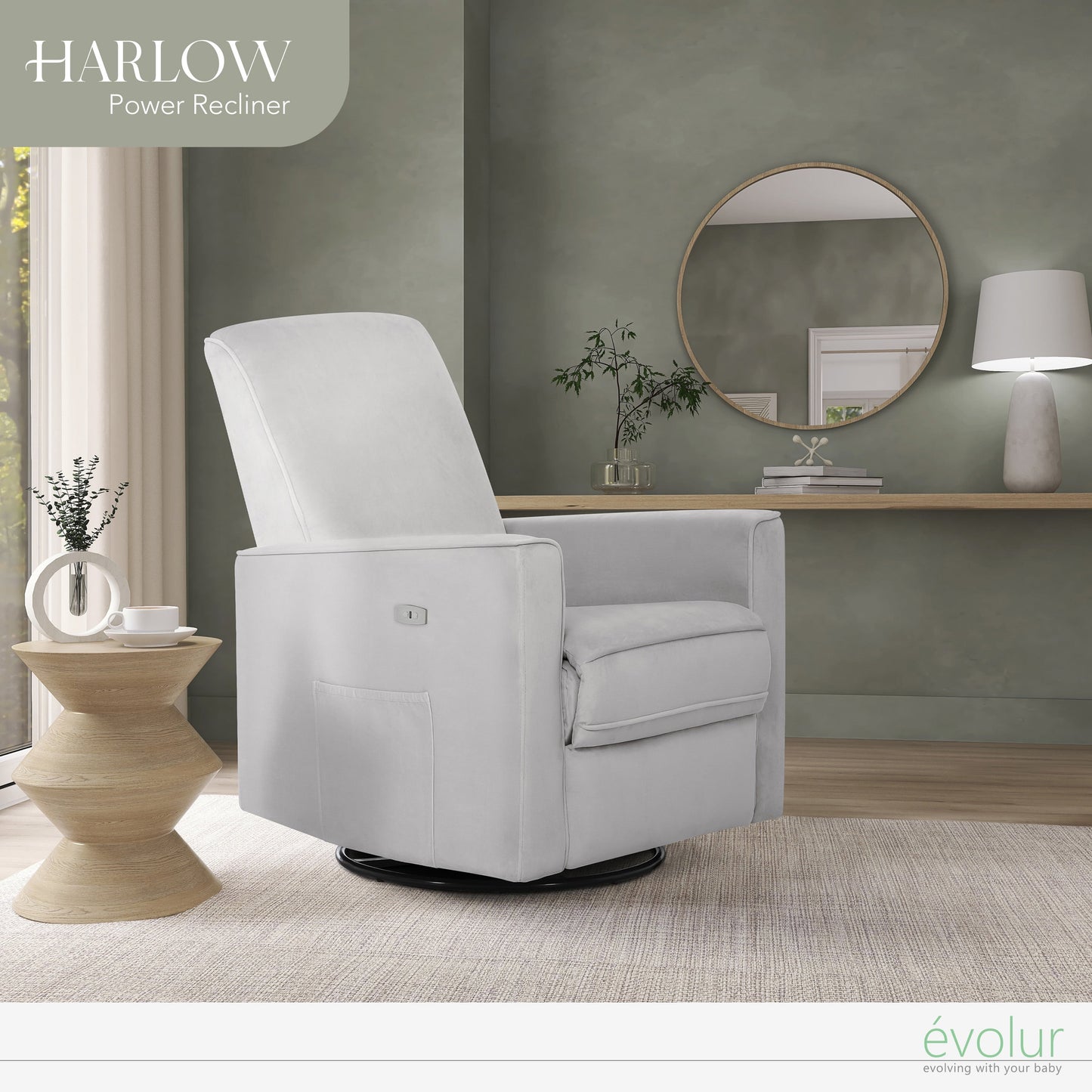 Evolur Harlow Power Recliner Glide Rocker with USB Port, Misty Grey, Greenguard Gold Certified