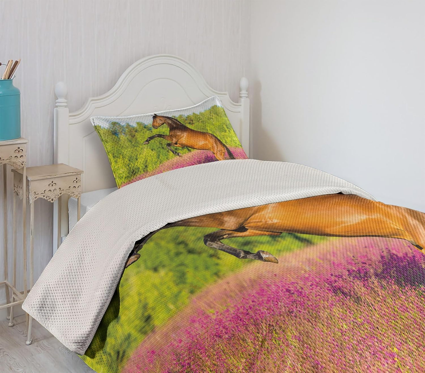 Horse Coverlet, Strong Bay Horse Rearing in Blossoming Rural Summer Field Trees, 2 Piece Decorative Quilted Bedspread Set with 1 Pillow Sham, Twin Size, Pink Brown