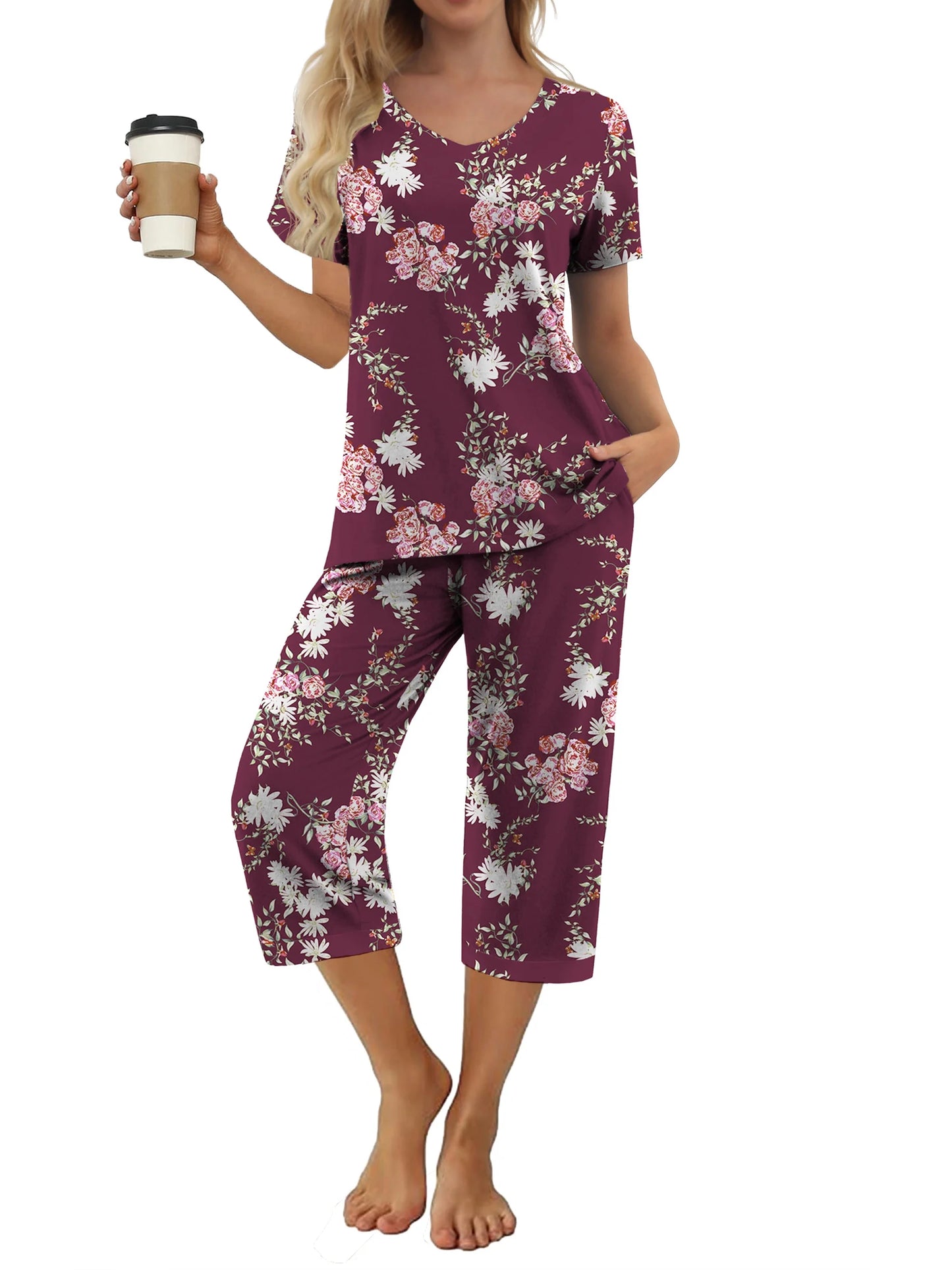 Women'S Pajama Sets Short Sleeve Shirt and Capri Soft Pajama Sets with Pockets