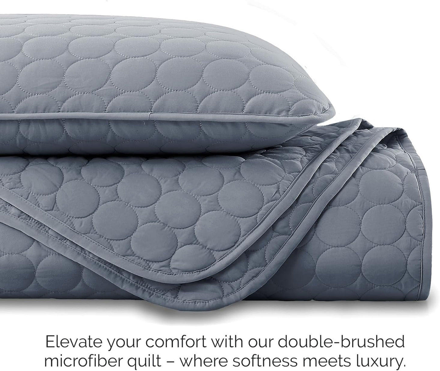 Full/Queen Quilt Bedding Set with 2 Quilted Pillow Shams, Circle Stitched Full Size Bedspread, Lightweight Blue Quilt Coverlet Queen Size, Steel Blue