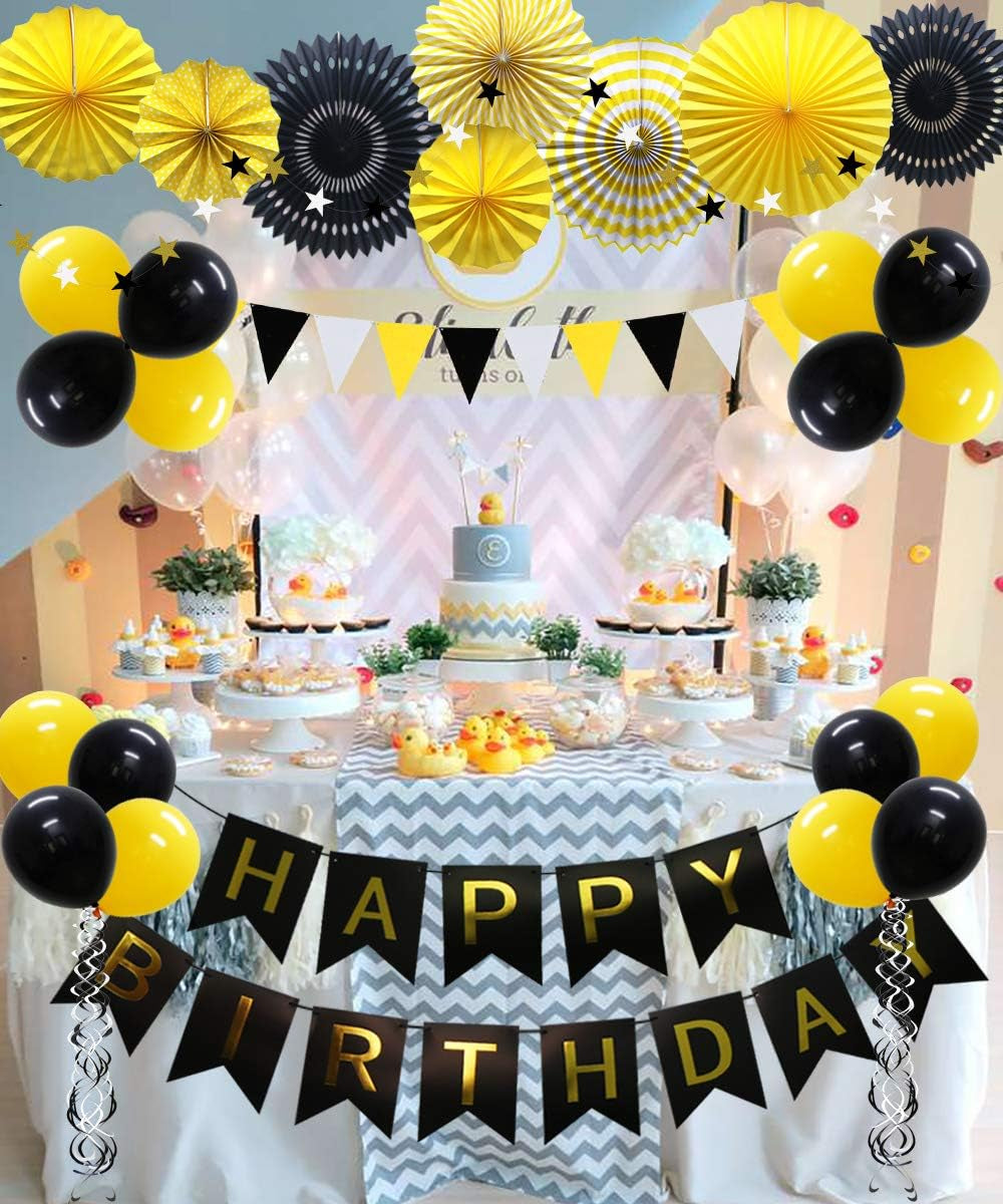 Yellow Black Party Decoration - Happy Birthday Banner with Balloons, Triangular Pennants, Hanging Swirls, Paper Fans, Circle Star Paper Garland for Baby Shower Bumble Bee Theme
