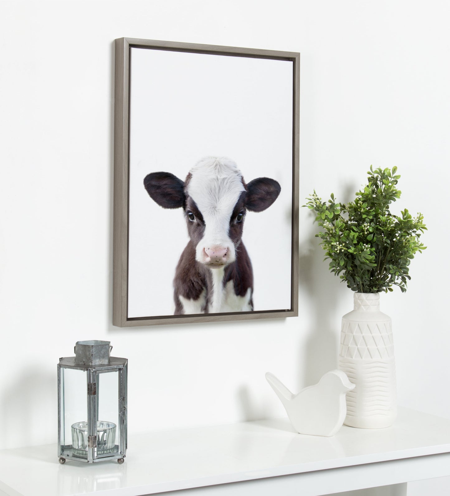Sylvie Baby Cow Portrait Framed Canvas Wall Art by Amy Peterson, 18X24 Gray, Cute Baby Animal Home Decor for Living Room, Bedroom, or Nursery