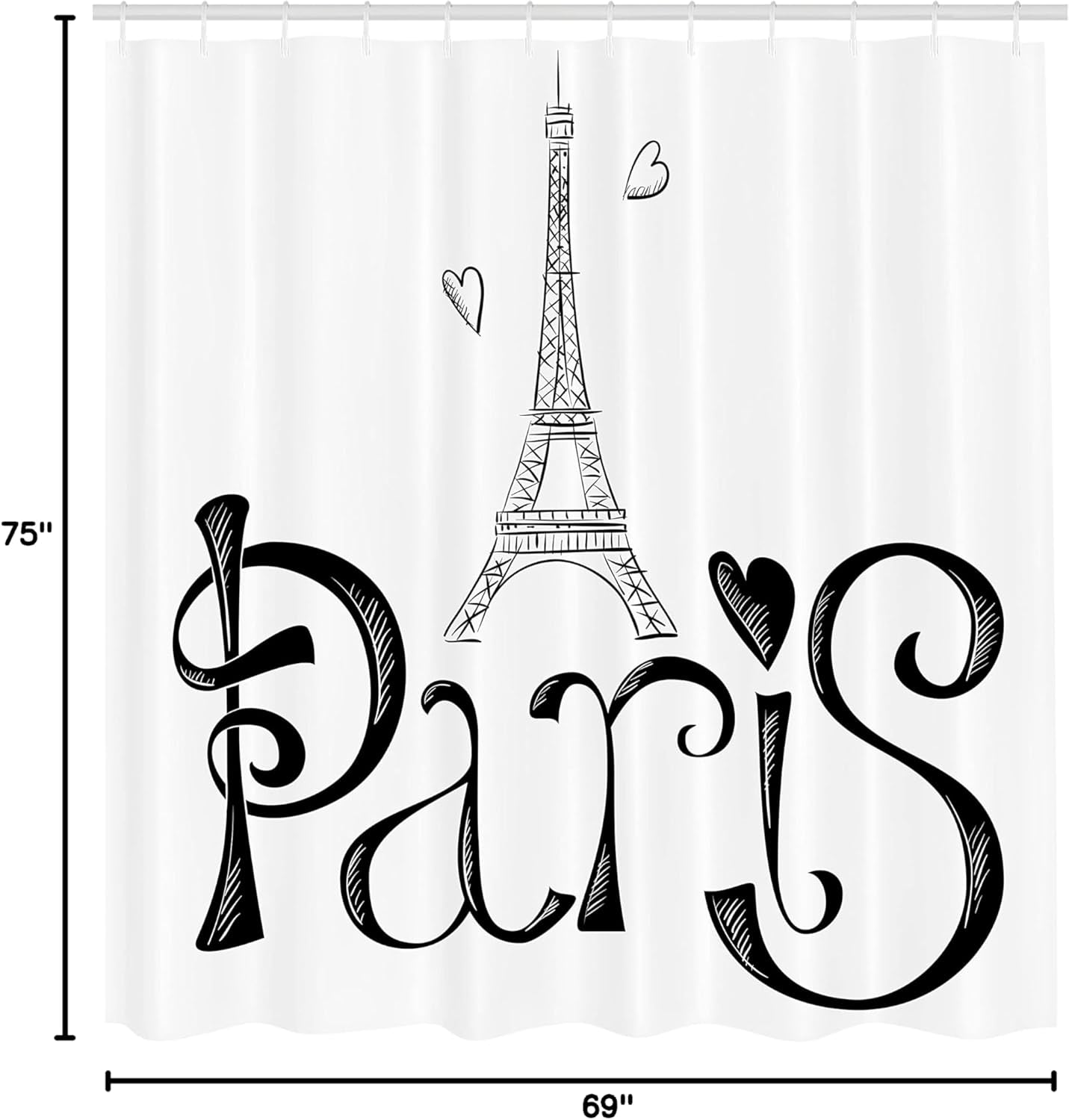 Paris Shower Curtain, Illustration with Eiffel Tower France Heart Shapes Silhouette Vacation Theme Art, Cloth Fabric Bathroom Decor Set with Hooks, 69" W X 75" L, White Black