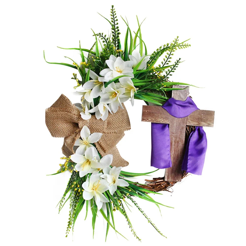 Easter Wreath with Cross Burlap Bow Rustic Grapevine Wreath Spring Decorating Farmhouse Decor Wall Home Decor Gift DIY Easter Front Door Wreath Decoration