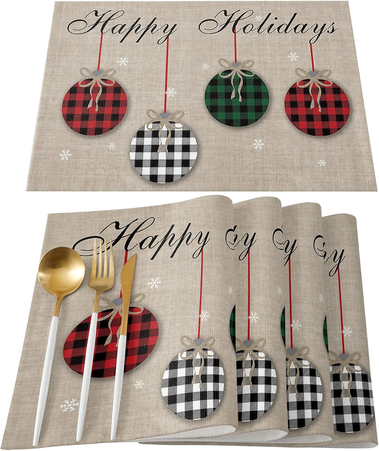 Christmas Theme Placemats Set of 6, Farmhouse Rustic Ornaments Plaid Balls Cotton Line Stain Resistant Table Mats Washable Holidays Placemat Decoration for Kitchen Dining Table Happy Holidays