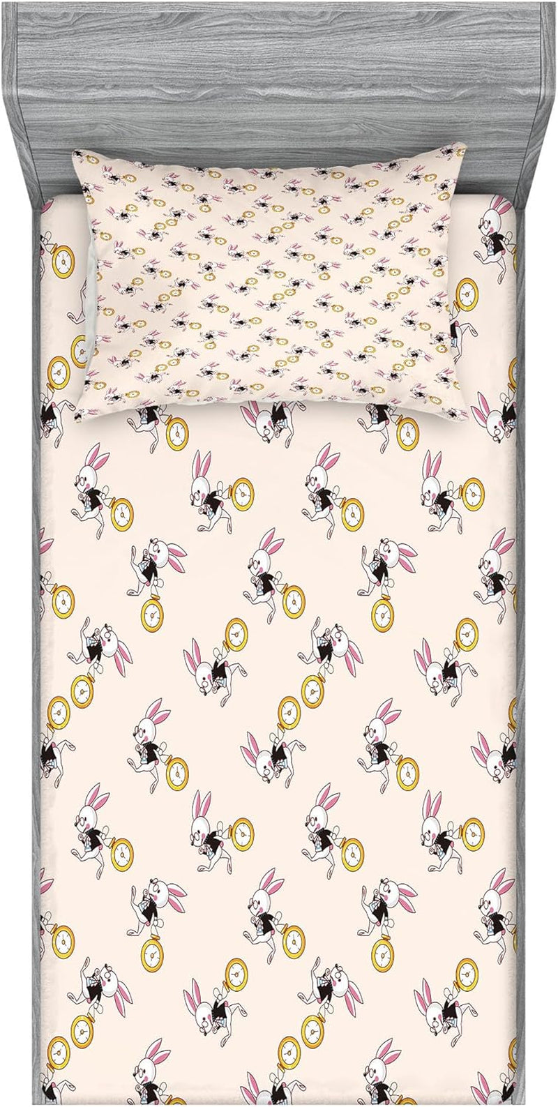 Alice in Wonderland Fitted Sheet & Pillow Sham Set, White Rabbit Dancing in the Sky Fantasy World and Alice Theme, Decorative Printed 2 Piece Bedding Decor Set, Twin, Pink Black Yellow
