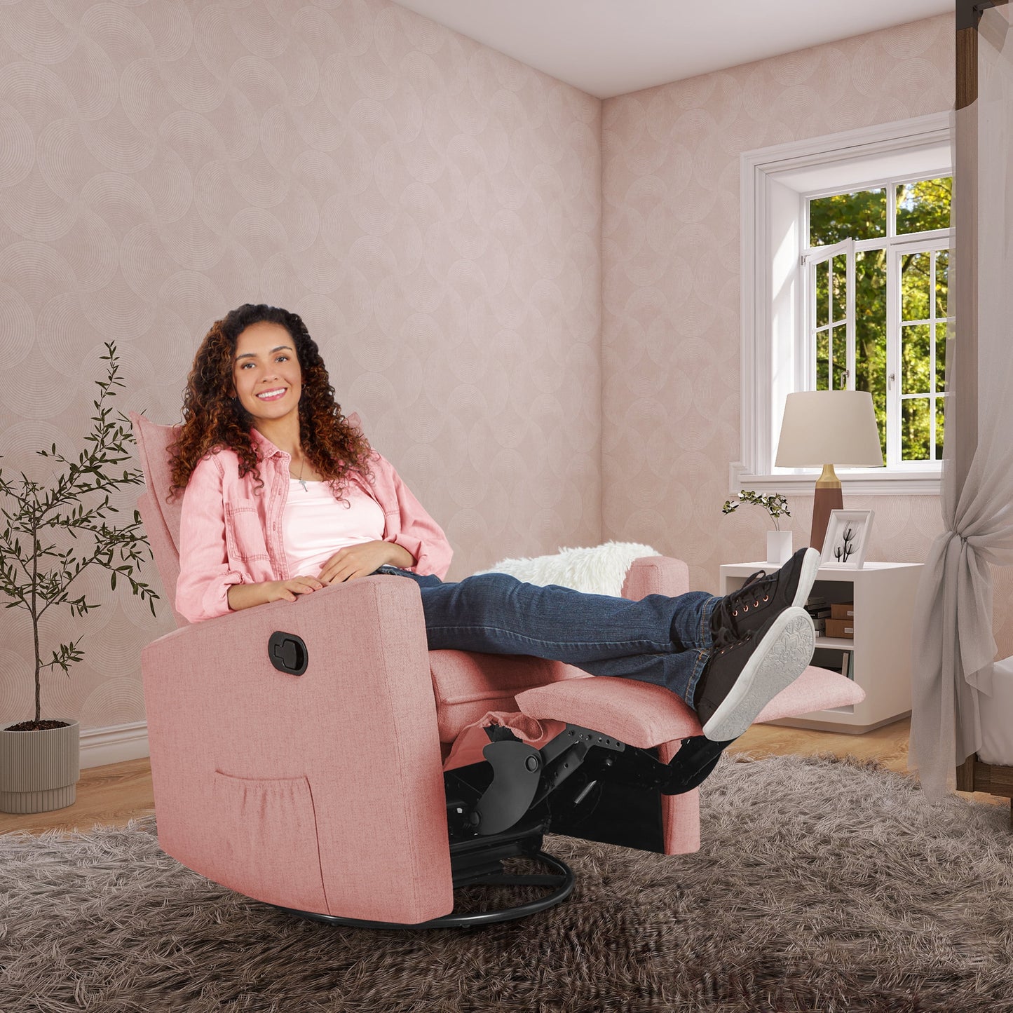 Faye Glider Recliner, Swivel Glider, Easy Assembly, Rose, Nursery Glider