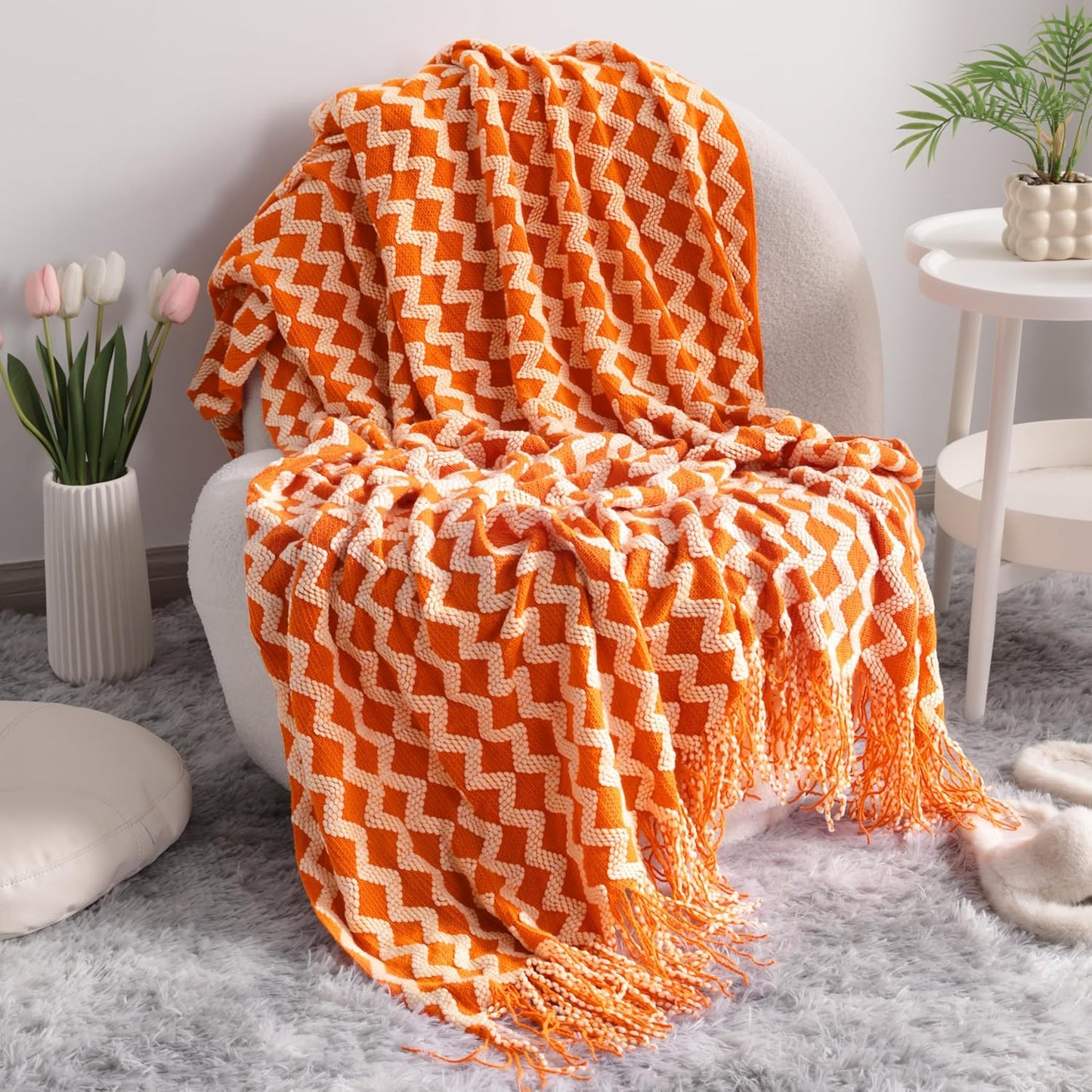 Acrylic Knitted Throw Blanket, Lightweight and Soft Cozy Decorative Woven Blanket with Tassels for Travel, Couch, Bed, Sofa, 51X67 Inches, Taupe Checkered