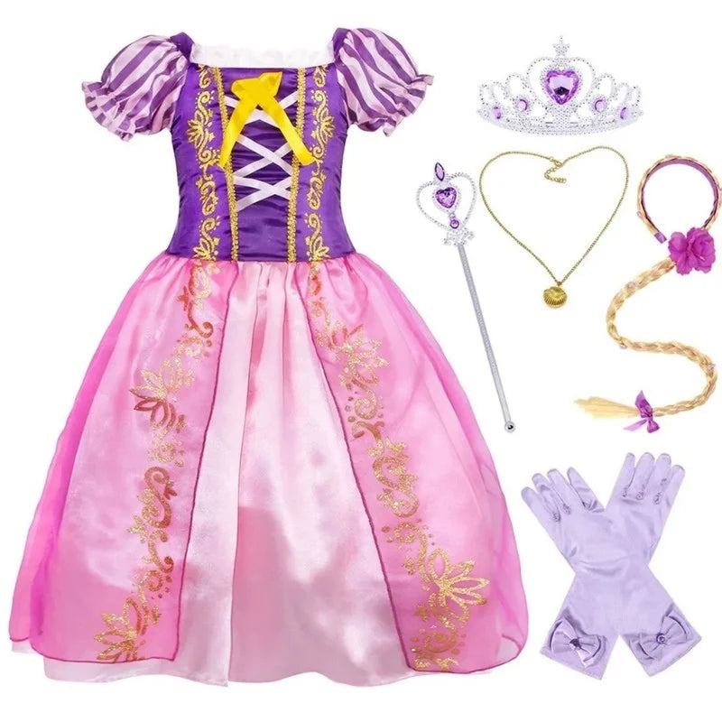 Rapunzel Dress for Girls Floral Puffy Rapunzel Princess Costumes Kids Dress up Halloween Cosplay Birthday Dresses up with Accessories 120 CM 5-6 Years