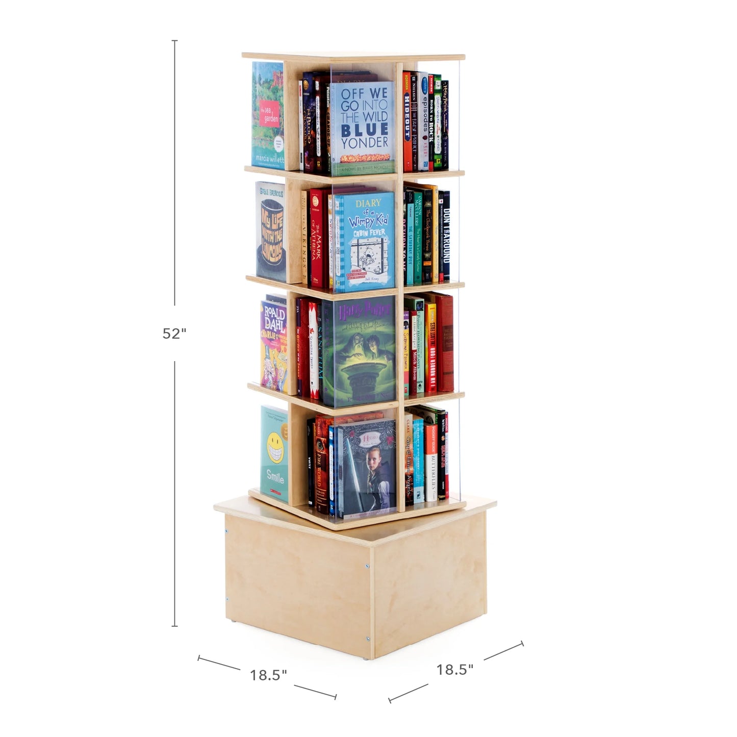 Floor Standing Rotating Book Display: Spinning Bookshelf Tower for Classroom, Kids Playroom, Library | Revolving Bookcase W/ Acrylic Windows, Birch Plywood Montessori Storage