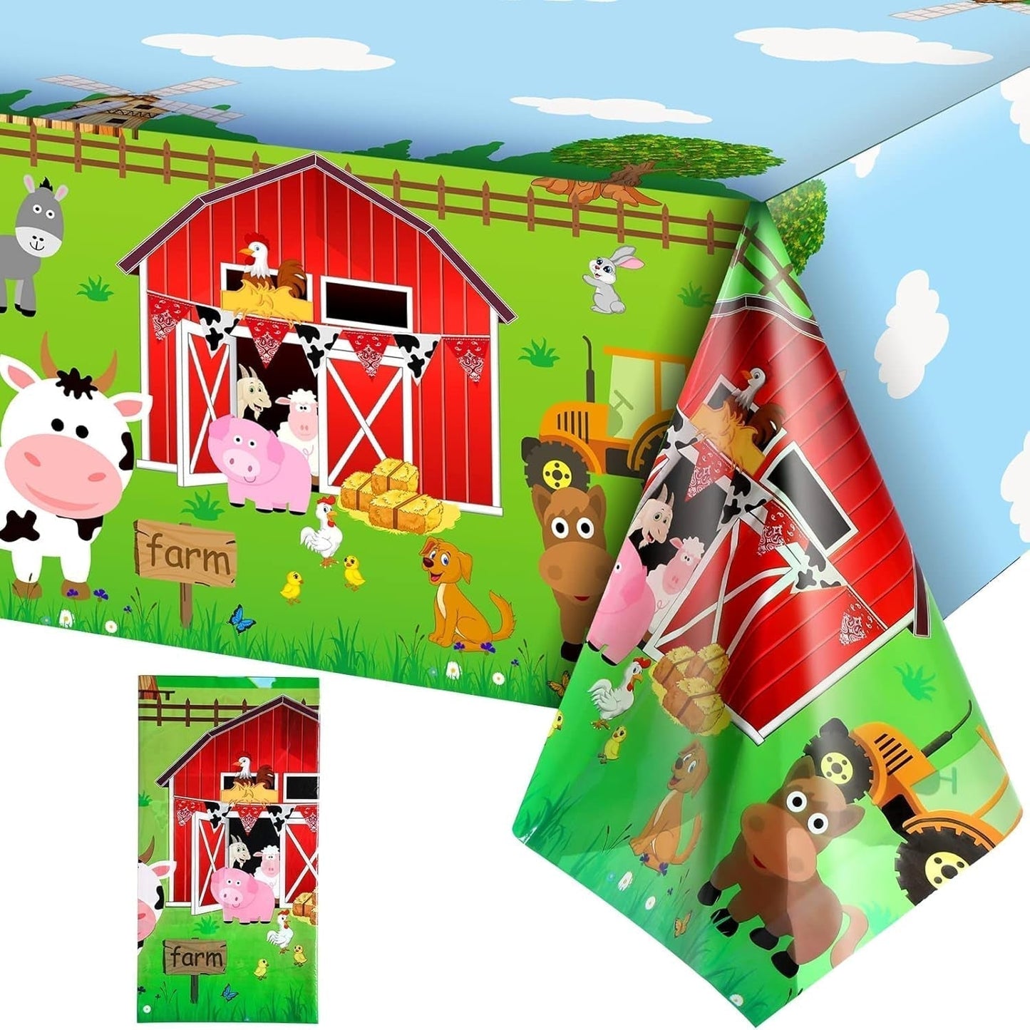 Farm Animals Party Tablecloth Farmhouse Disposable Plastic Table Cover Barnyard Farm Animal Theme Party Decorations for Baby Shower Birthday Party Supplies, 108 X 54 Inch (Red,1 Piece)