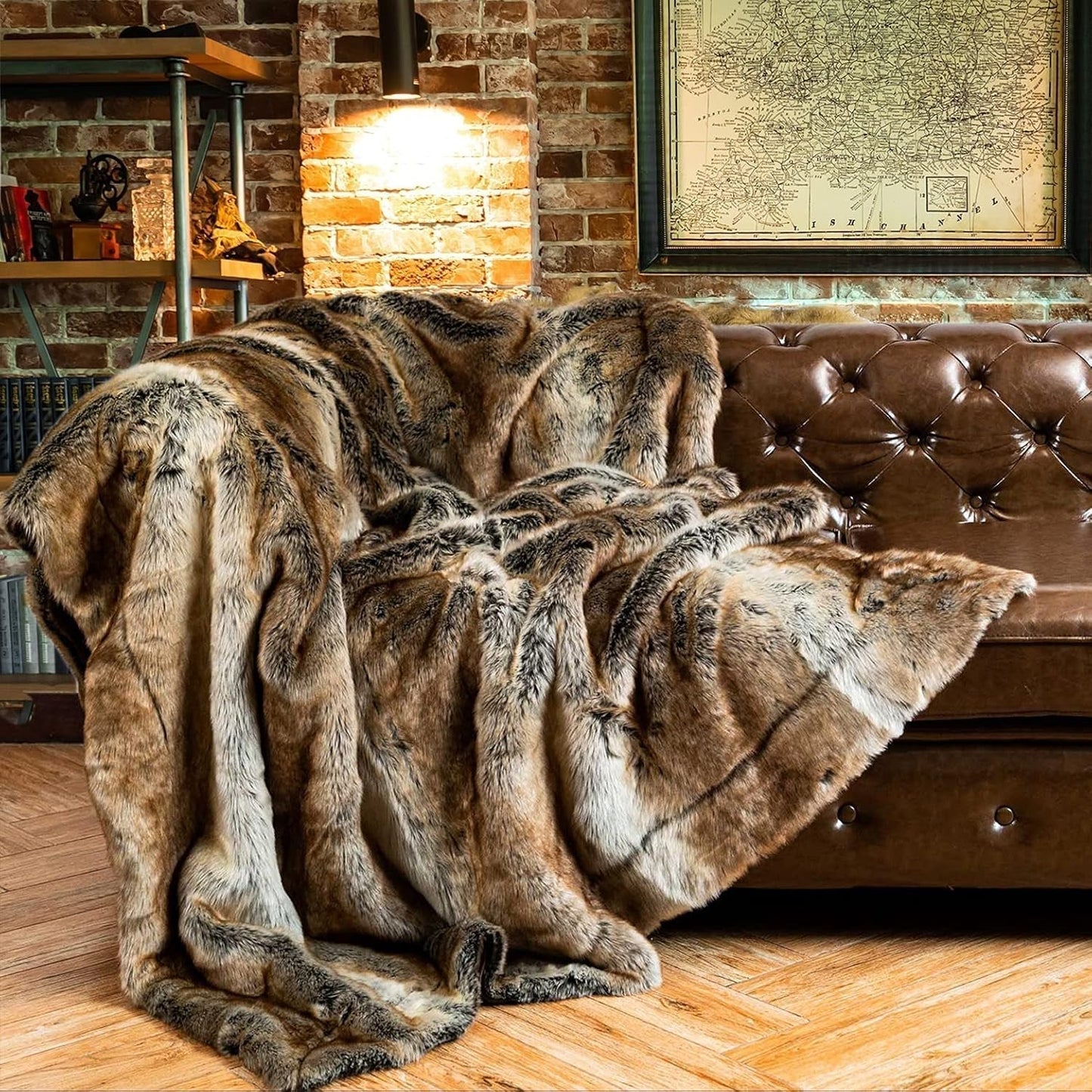 Luxury Brown Faux Fur Blanket Thick Warm Elegant Cozy Fuzzy Throw for Couch, Bed, Sofa Fluffy Blankets Decorative Reversible to Plush Velvet, 50"X60"