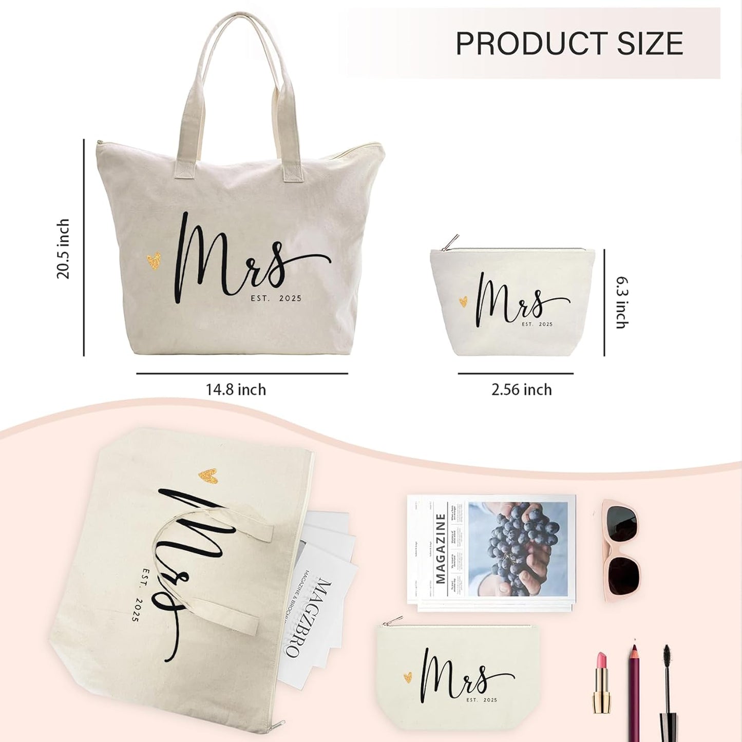 Mrs. Bag 2025 Future Mrs Bride Gifts for Wedding Engagement Bachelorette Party Honeymoon Bridal Shower Gifts for Bride to Be Tote Canvas Cotton Beach Shoulder Bag with Zipper and Pocket