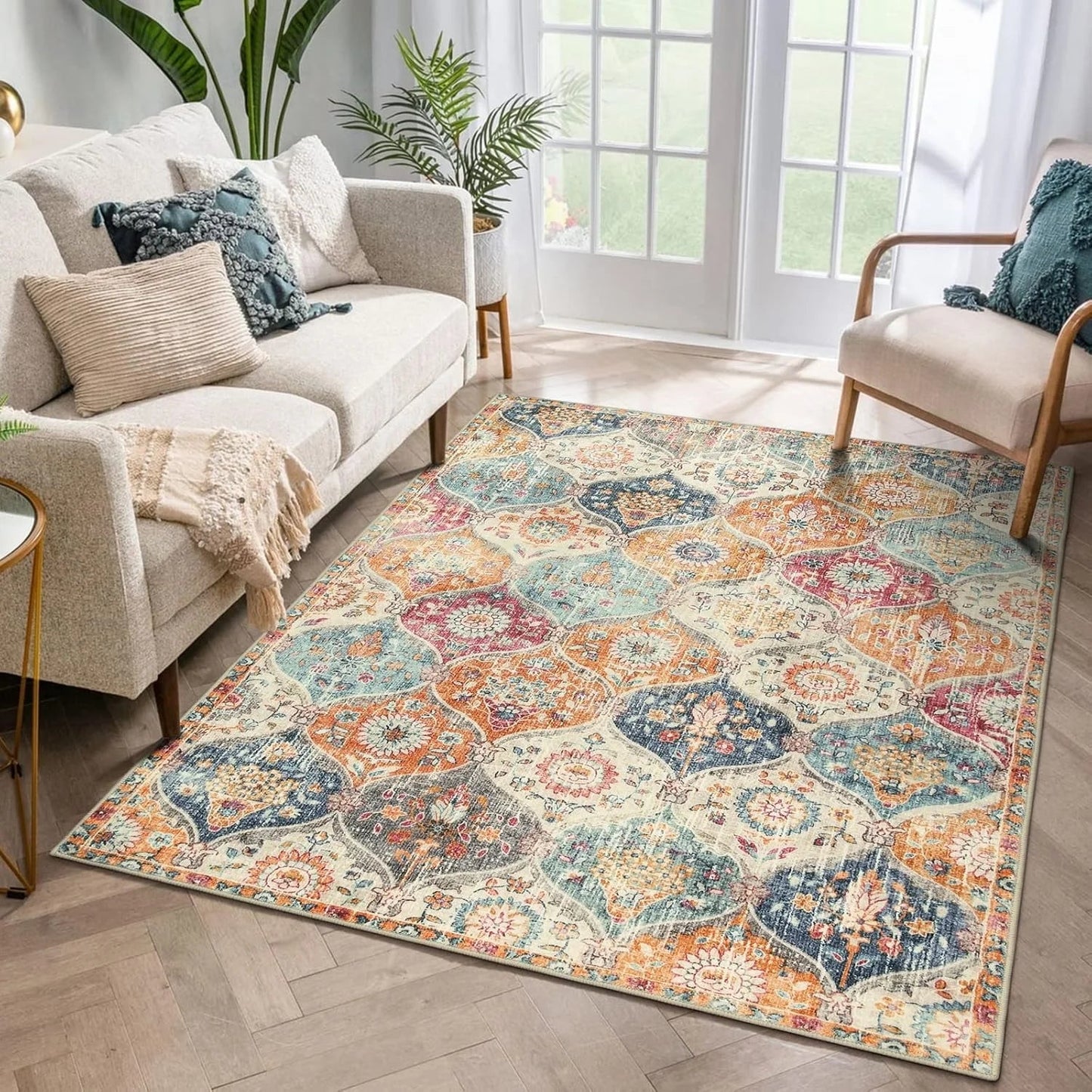 5'X7' Area Rug for Living Room Non-Slip Moroccan Indoor Washable Rug Ultra-Thin Foldable Soft Carpet Floral Accent Throw Rug for Kitchen Entryway Bathroom Bedroom Office Carpet,Grey