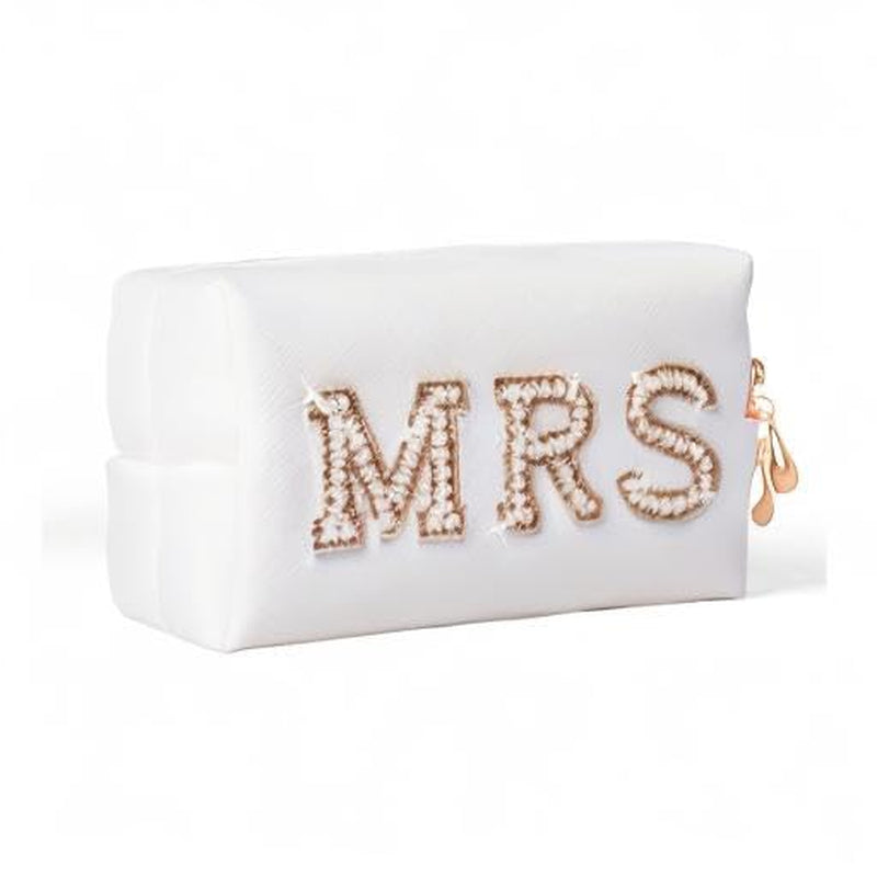 Gold MRS Letter Patch Cosmetic Toiletry Bag Pearl Rhinestone Varsity, PU Leather Bride Makeup Bag Waterproof Portable Zipper Small Clutch Purse Travel Organizer for Women Girls