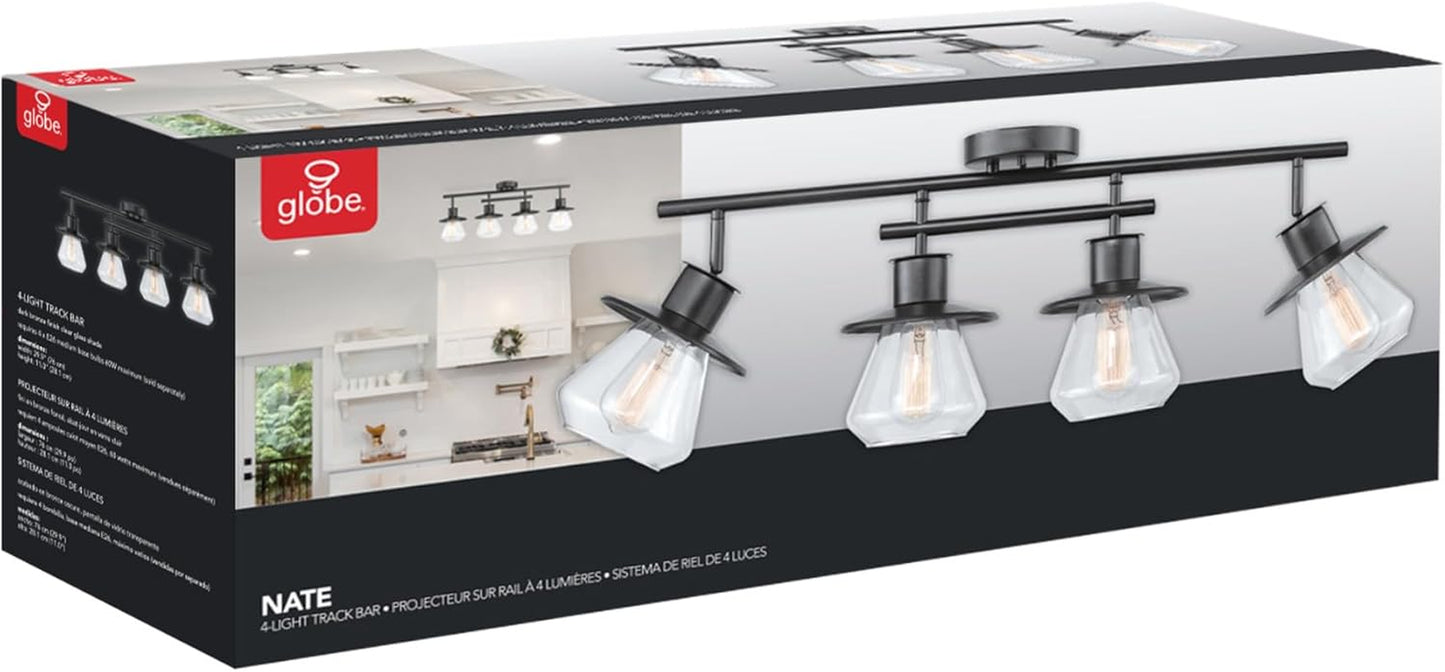59530 4-Light Complete Track Lighting Kit, Dark Bronze, Clear Glass Bell Shaped Shades, Ceiling Light Fixture, Ideal for Kitchen and Dining Room, LED Bulb Compatible