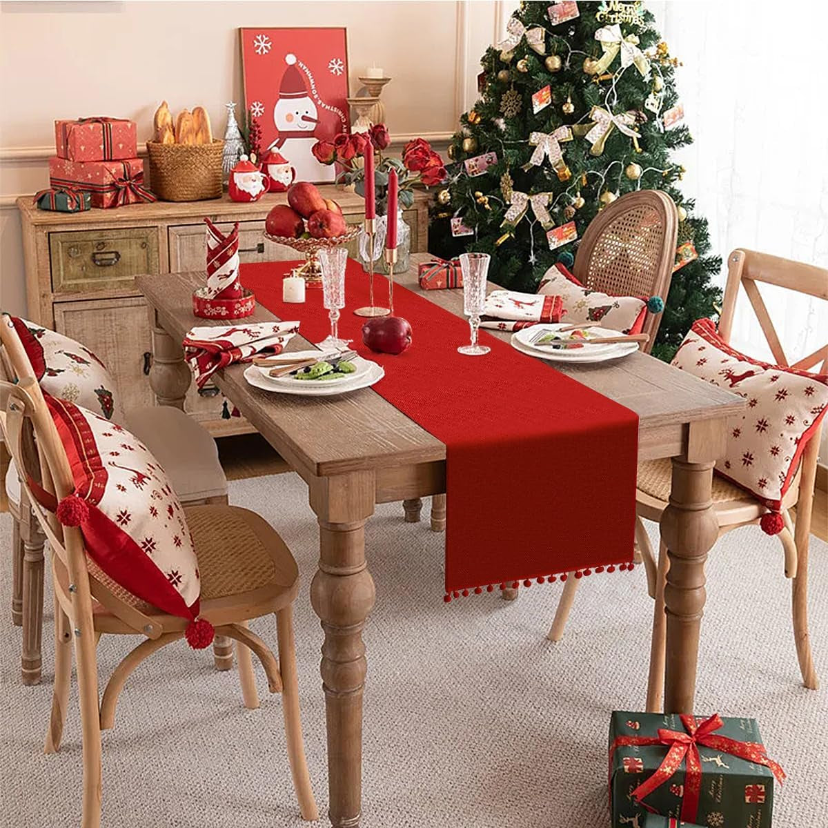 Christmas Table Runner, 14X72 Inch Rustic Burlap Table Runner with Pom Pom Red Dining Table Runner for Christmas Wedding Valentine'S Day Party Decorations