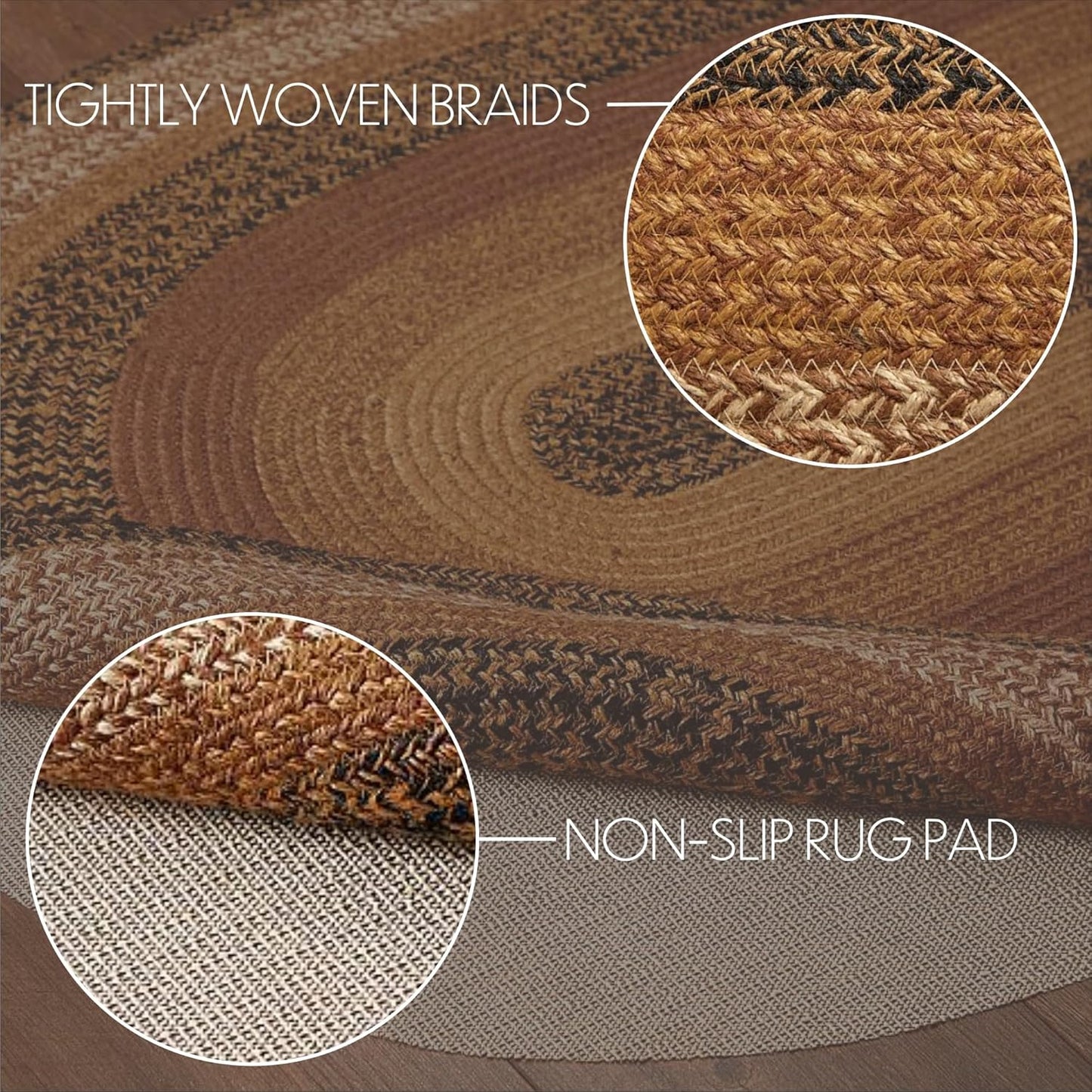 Kettle Grove Primitive Jute Black Striped Accent Rug Oval Decor W/Floor Pad 36"X60"