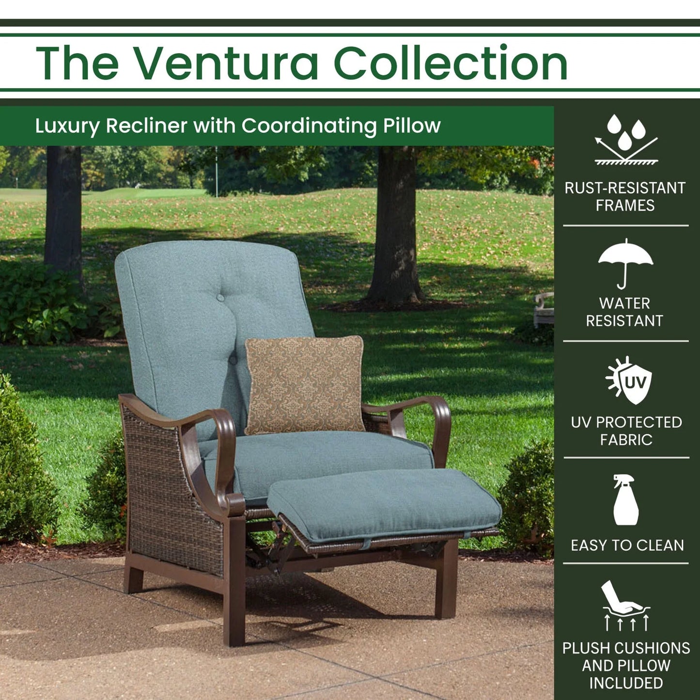 Ventura Steel Outdoor Patio Woven Luxury Recliner with Brown Wicker, Ocean Blue Cushions and Pillow, VENTURAREC-BLU