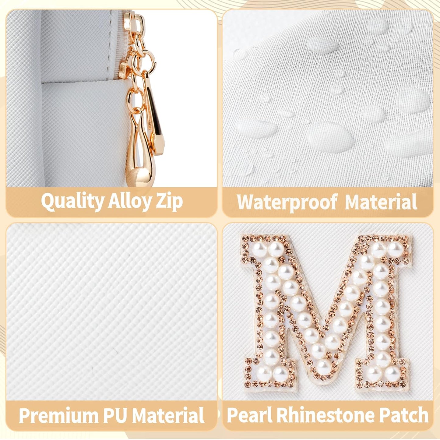 Gold MRS Letter Patch Cosmetic Toiletry Bag Pearl Rhinestone Varsity, PU Leather Bride Makeup Bag Waterproof Portable Zipper Small Clutch Purse Travel Organizer for Women Girls