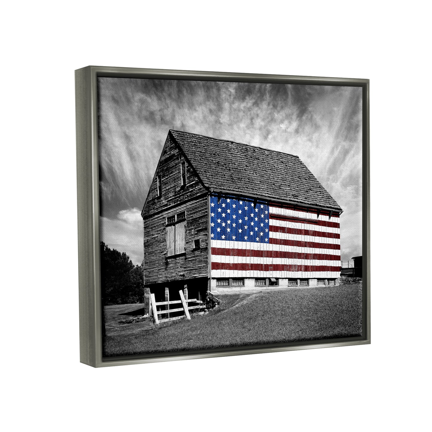 Black and White Farmhouse Barn American Flag Luster Gray Framed Floating Canvas Wall Art, 24X30, by James Mcloughlin