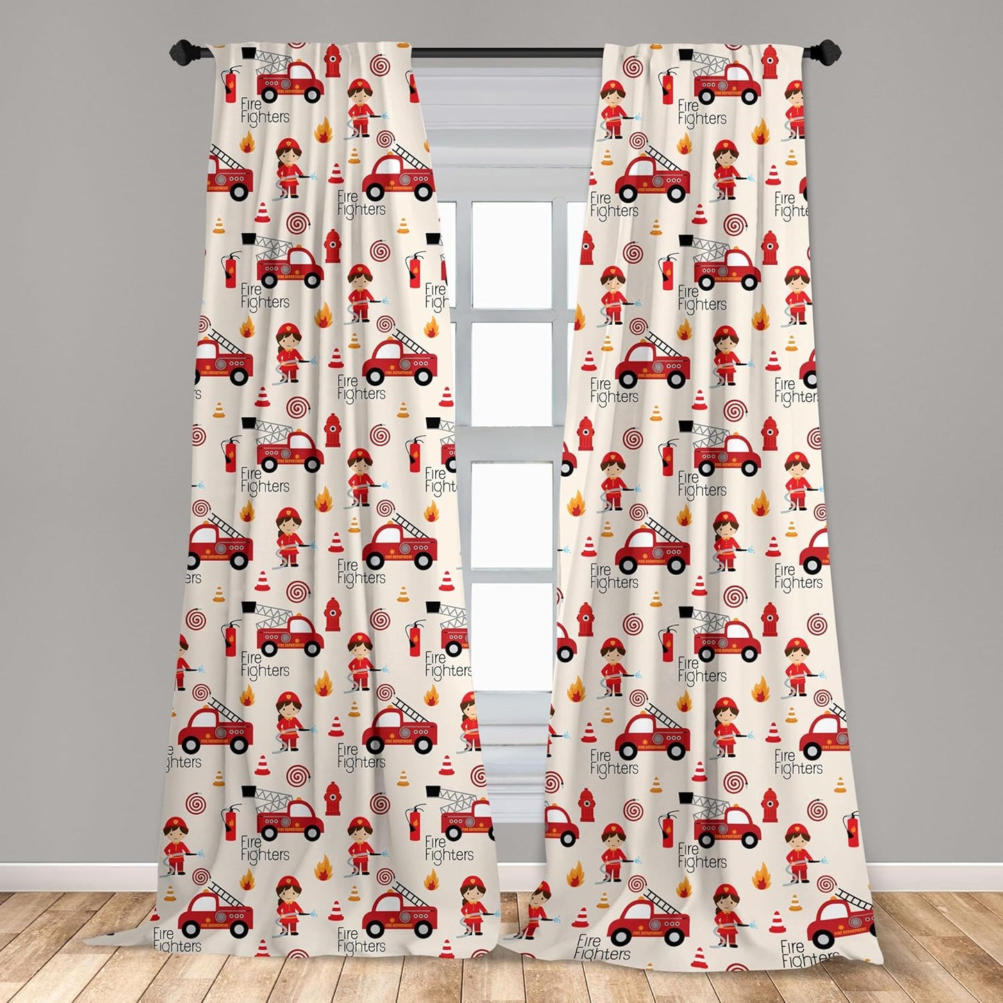Truck Window Curtains, Little Boys and Girls in Uniforms Fighters Theme Career Profession Pattern, Lightweight Decor 2-Panel Set with Rod Pocket, Pair of - 28" X 84", Red Cream