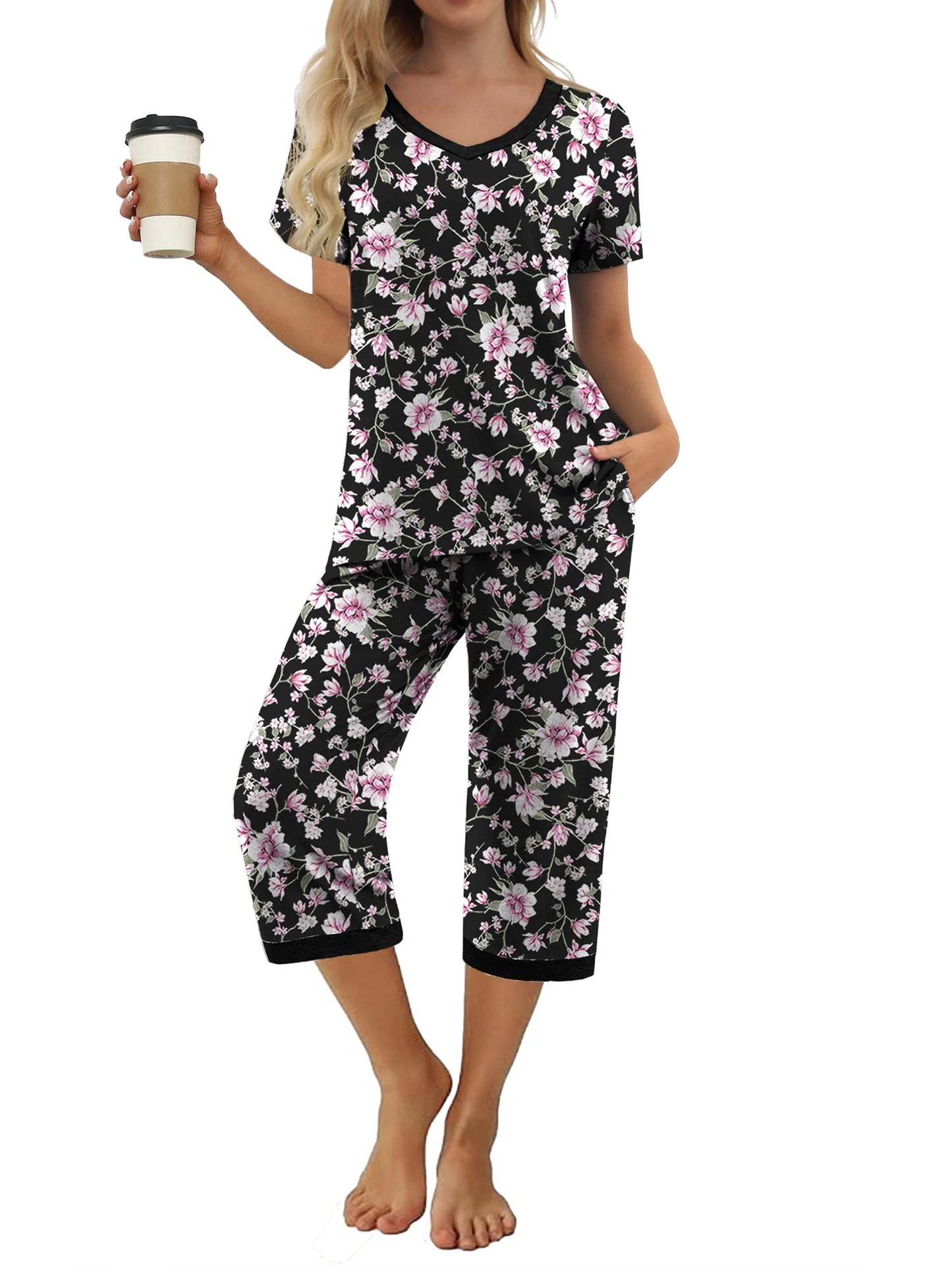 Women'S Pajama Sets Short Sleeve Shirt and Capri Soft Pajama Sets with Pockets