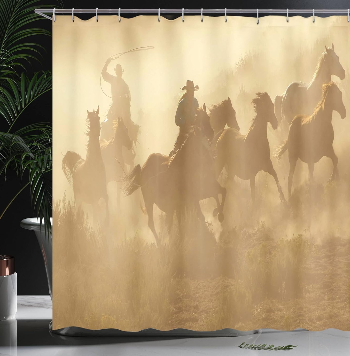 Western Shower Curtain, Galloping Running Horses in Desert 2 Cowboys Roping Dusty Wild Rural Countryside, Cloth Fabric Bathroom Decor Set with Hooks, 69" W X 75" L, Pale Brown