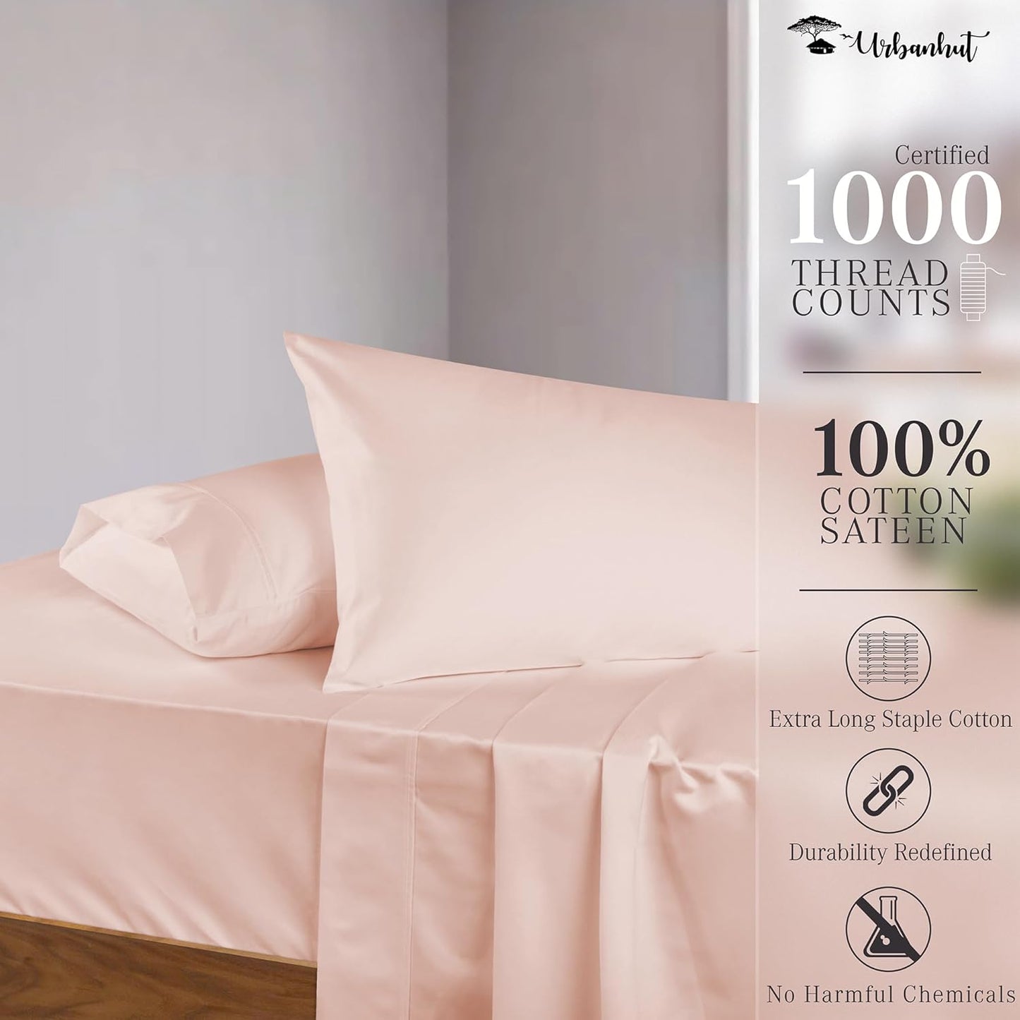 1000 Thread Count Egyptian Cotton King Sheets, Long Staple Soft & Breathable, 4 Pc Bed Sheet Sets, Luxury Hotel Sateen Sheets Fits 16" Deep Pocket - Blush Pink