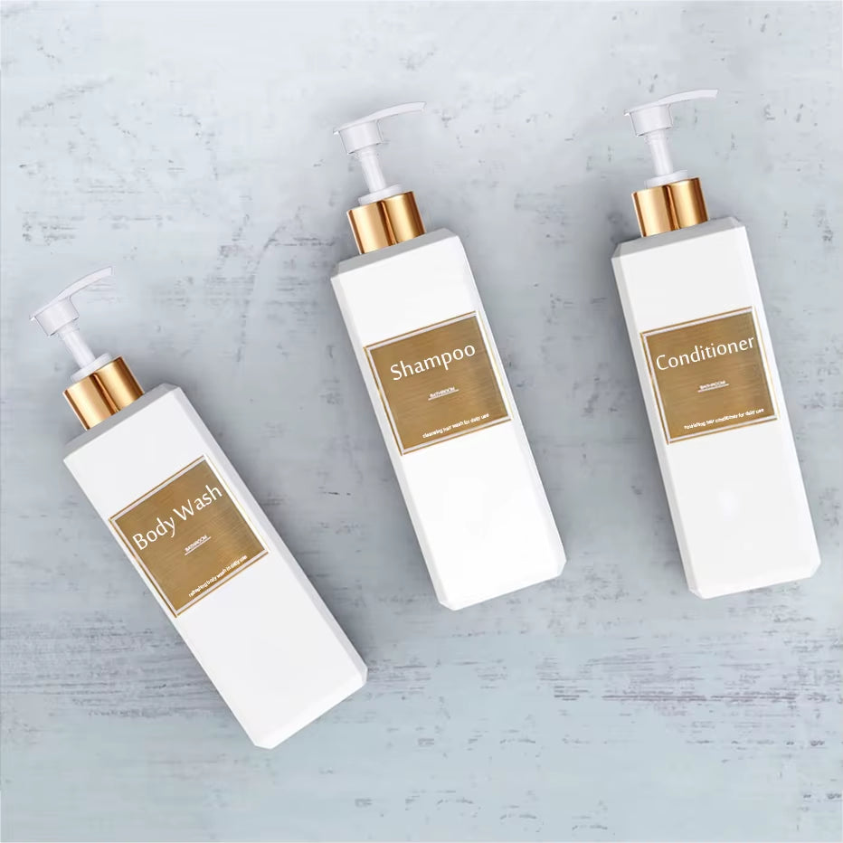 500Ml/16.9Oz Shampoo Dispenser Press Pump Bottle with Gold Waterproof Labels Bathroom Shampoo Conditioner Body Wash Bottles
