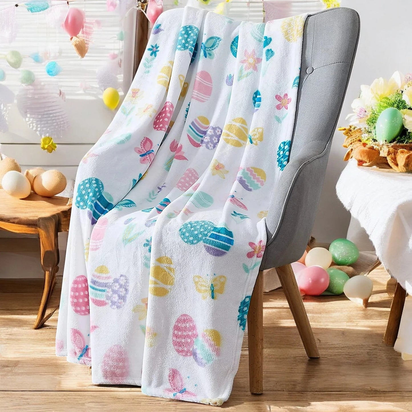 Easter Spring Flowers and Eggs Velvet Fleece Throw Blanket, 50" X 70"