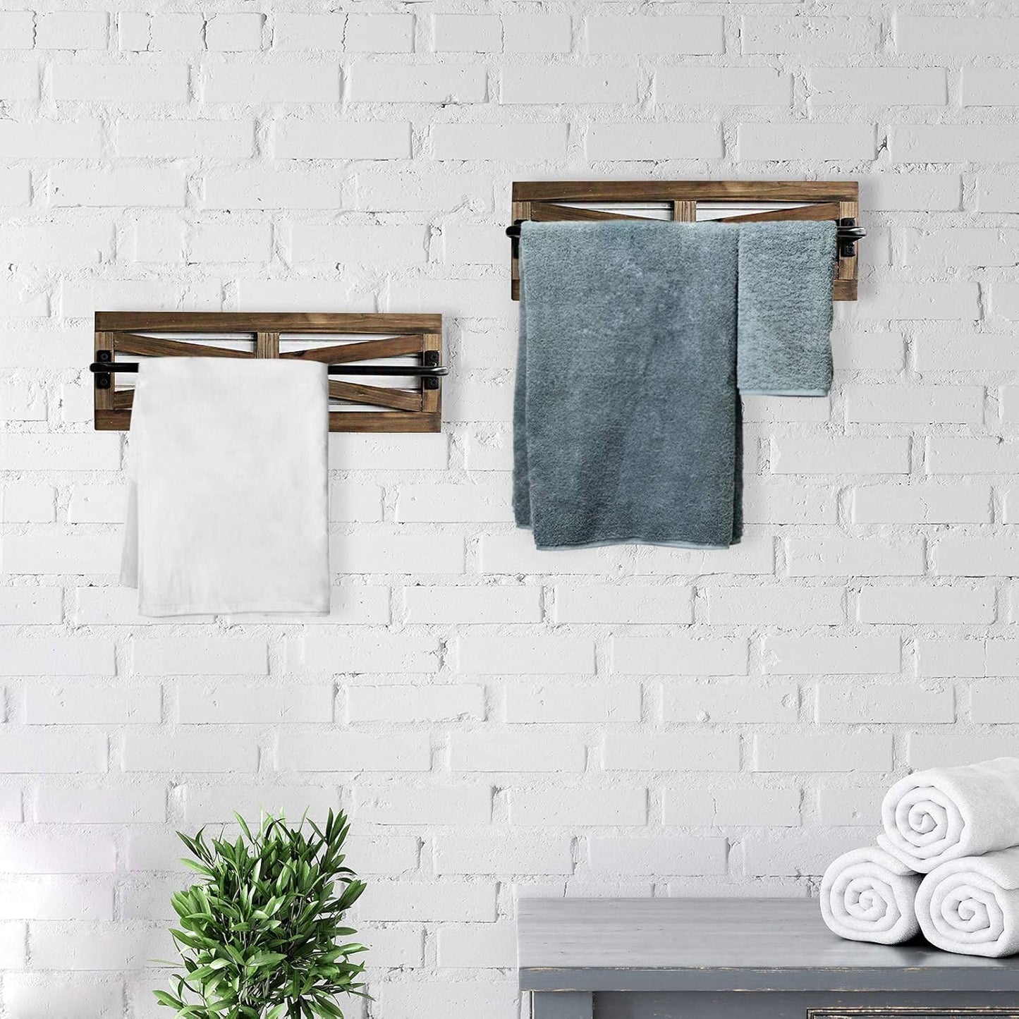 2PCS Rustic Towel Rack for Bathroom Wall Mounted, Wall Mounted Wood Hanging Bathroom Towel Holder and Organizer for Kitchen Storage Organizer Rack, Bathroom Towels, Robes, Clothing (Brown)