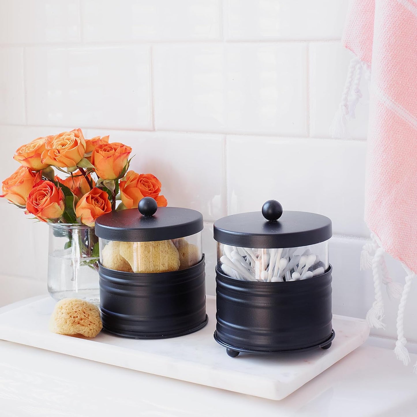 Deluxe Black Apothecary Jars Set, Black Bathroom Jars Qtip Holder Glass - Rustic Farmhouse Vanity Organizer for Bathroom Counter, Cotton Balls, Swabs, 2 Small Glass Jars with Lids