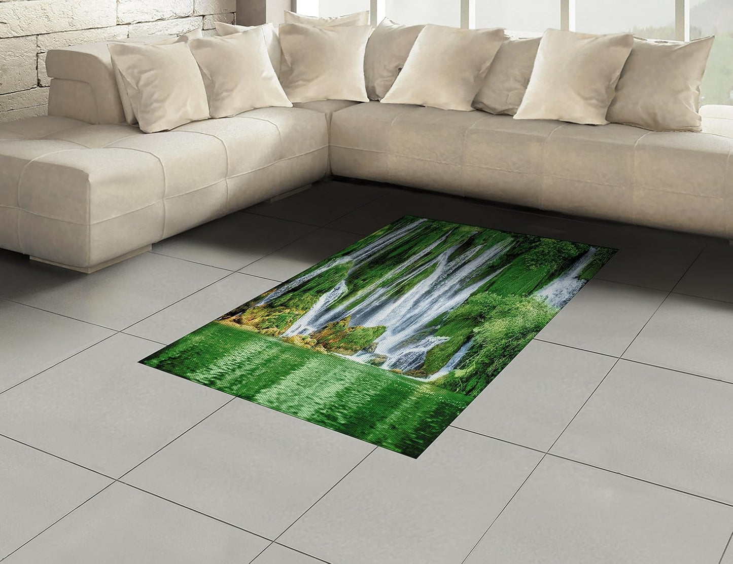 Waterfall Area Rug, Moss Greenery Reflection on River Landmark in Bosnia and Herzegovina Picture, Flat Woven Accent Rug for Living Room Bedroom Dining Room, 4' X 5' 7", Green White