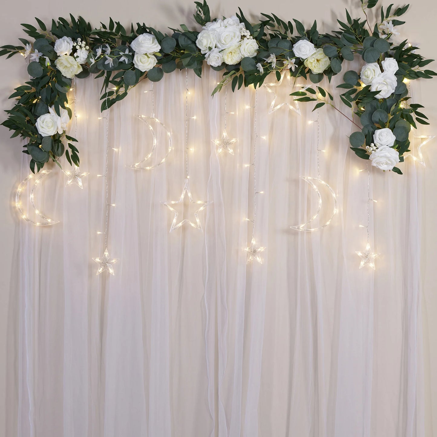 144-Count Indoor Battery Operated Warm White LED Curtain Lights with Stars and Moons