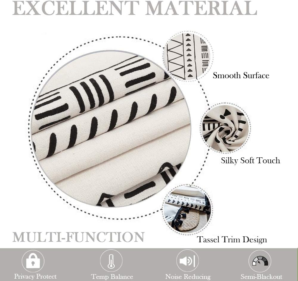 Boho Curtains 2 Panels, Black and White Living Room Curtains 63 Inch Length, Farmhouse Geometric Tassels Rod Pocket Window Drapes for Kitchen Dining Room