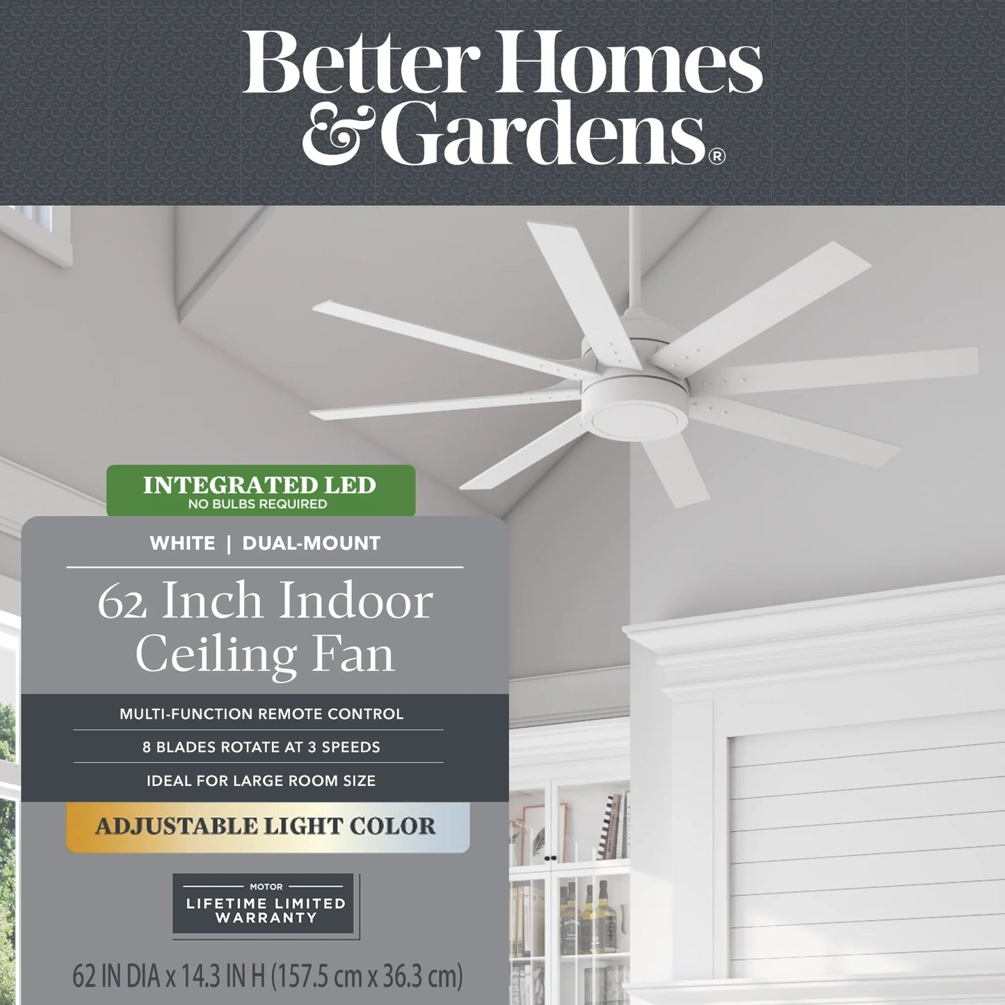 62" White Large Room Indoor Ceiling Fan with Light, 8 Blades, Remote & Reverse Airflow