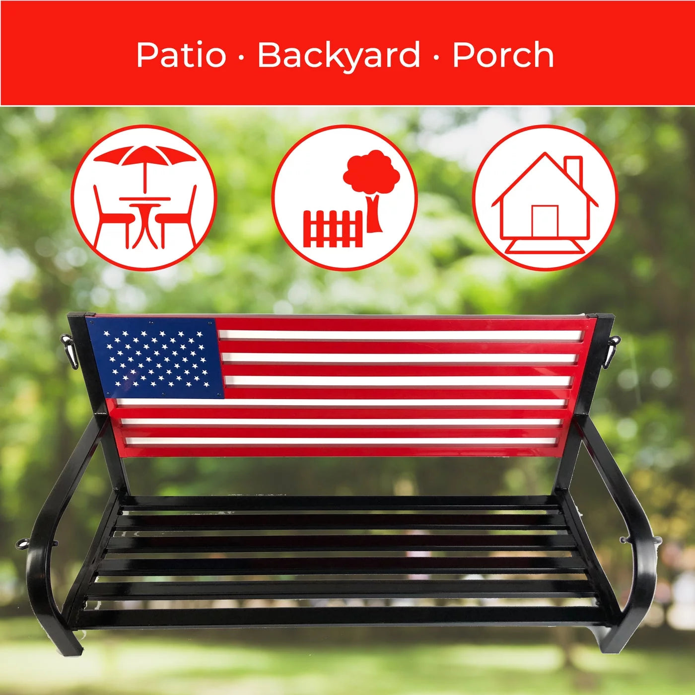 American Flag Outdoor Porch Swing W Hanging Chains - Red, White, Blue
