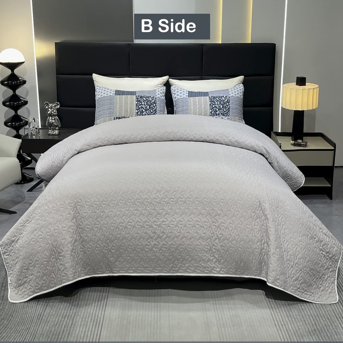 Oversized King Size Quilt Set 128X120 Grey Plaid Patchwork Extra Wide Super K...