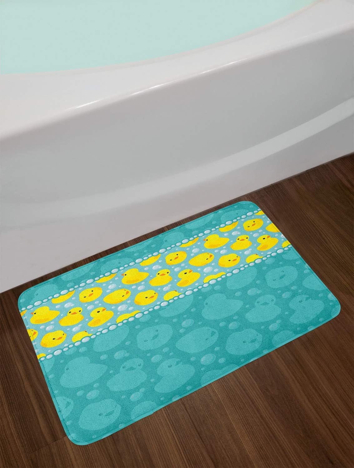 Rubber Duck Bath Mat, Cartoon Style Duckies Swimming in Water Pattern Fun Bubbles Aqua Colors, Plush Bathroom Decor Mat with Non Slip Backing, 30.2" X 20", Teal Blue