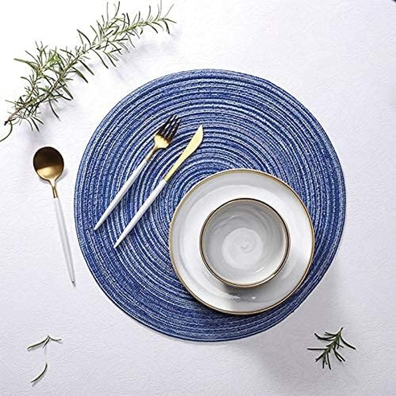 15Inch round Placemats Farmhouse Boho Placemats Cloth Placemat Rustic Woven Placemats for Dining Table Set of 6 Circle Placemats Linen Braided Placemats Washable Outdoor Blue Table Mats