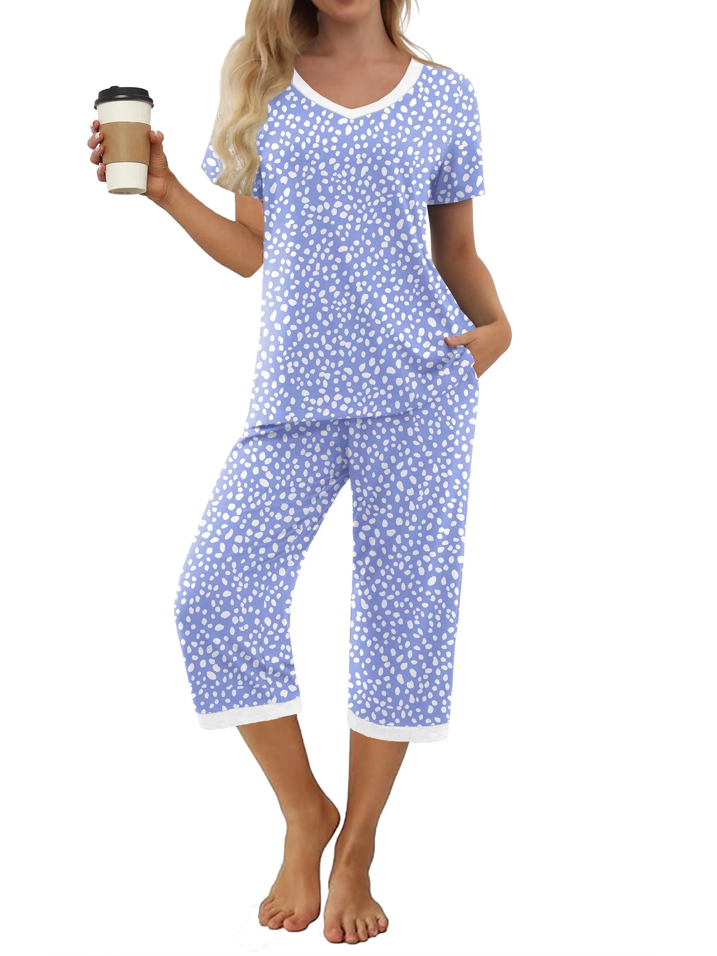 Women'S Pajama Sets Short Sleeve Shirt and Capri Soft Pajama Sets with Pockets