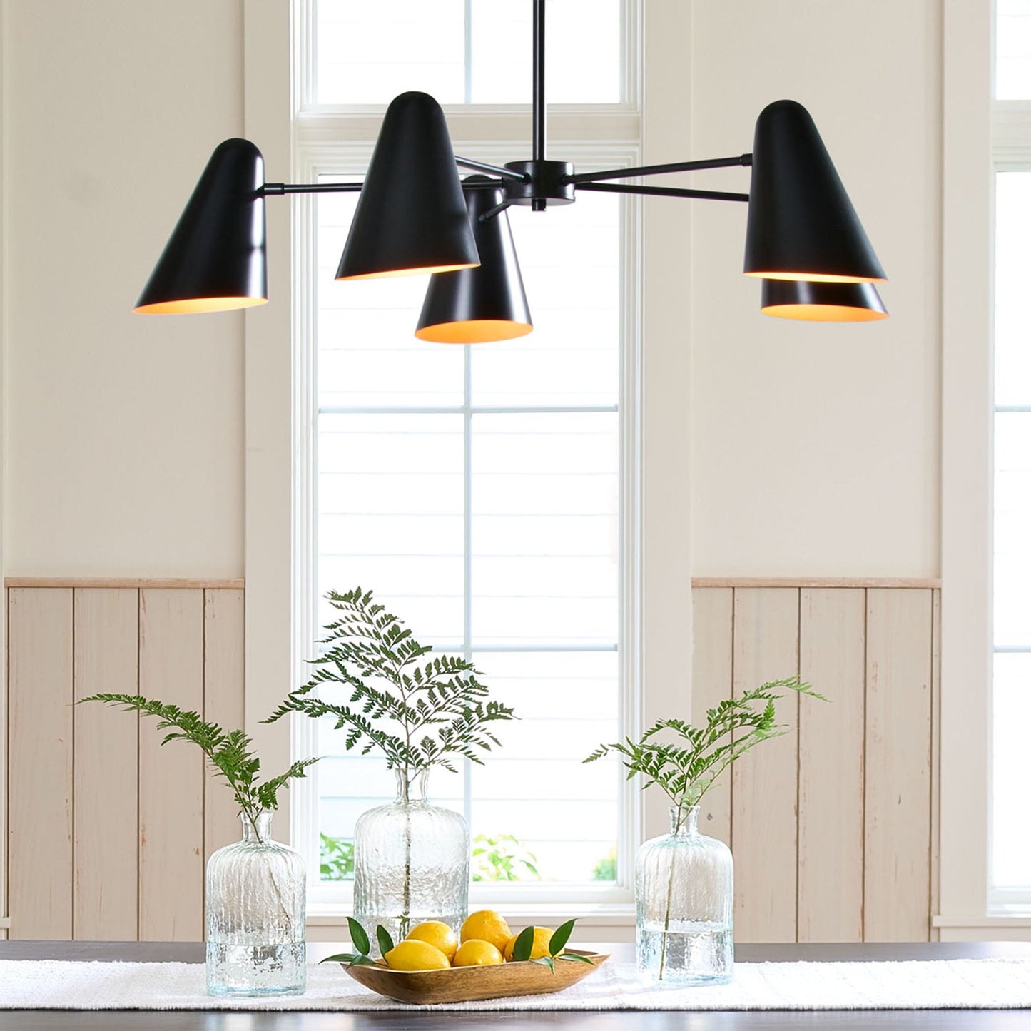38" Wide Contemporary 5-Head Chandelier, Matte Black, Brass Interior, No Bulb