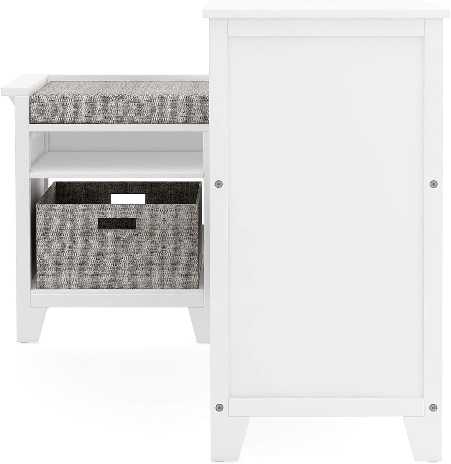 Kids' Corner Nook - Creamy White: Wooden Storage Bench Bookcase Organizer with Seat Cushion and Fabric Bins for Reading in Bedroom or Playroom